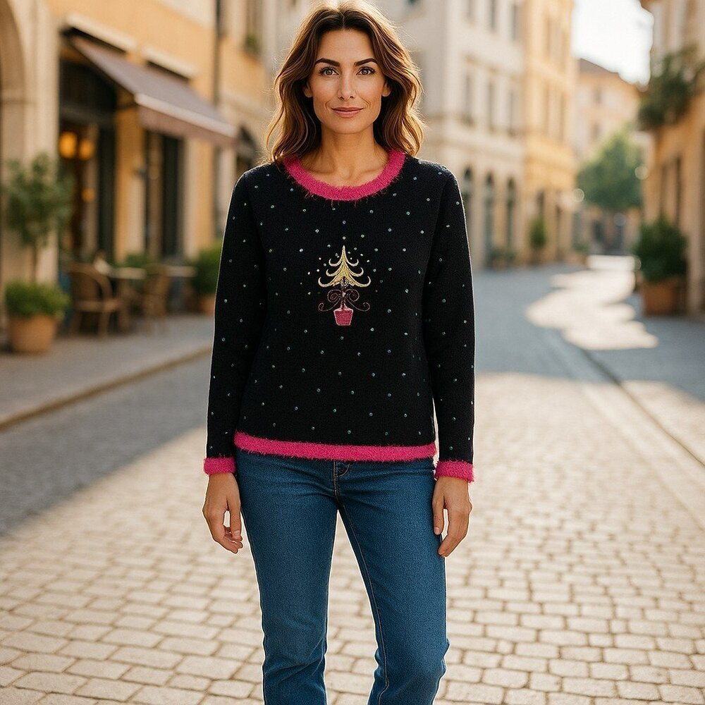 Vintage Mandal Bay Sweater Large Black Pink Embroidered Winter Christmas Tree